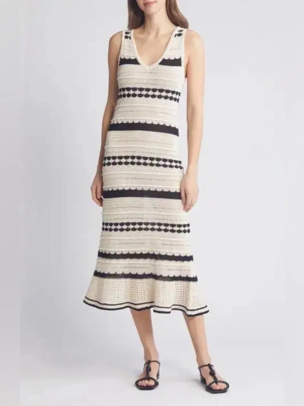 NEW! Zoe and Claire V-Neck Sleeveless Midi Sweater Dress Cream & Black Small $88